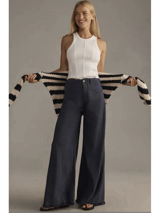 Anthropologie Pants - Pilcro Anthropologie Adi Linen Flare Pants Navy Blue Sz 24 Frayed Old Money